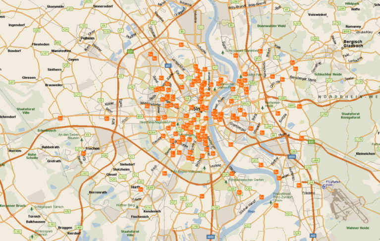 Stadtplan Köln mit mehr CarSharing-Stationen.