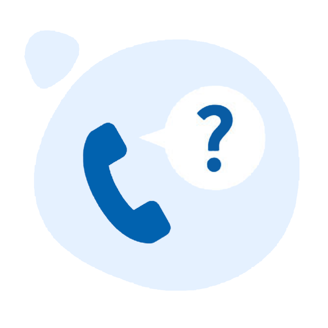 Blaues Telefon, Sprechblase mit Fragezeichen
