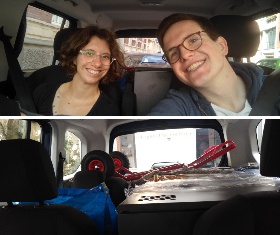 Collage: Oben: Ein Mann und eine Frau im Auto. Unten: Aufnahme einer vollbepackten Ladefläche