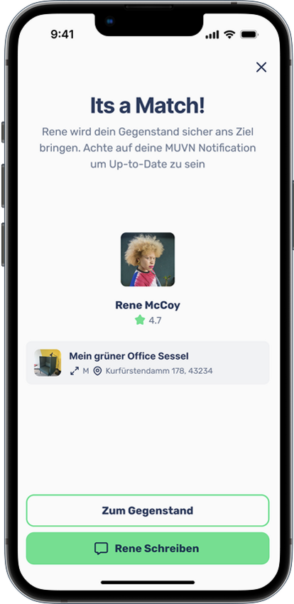 Auf einem Smartphone ist die MUVN-App geöffnet.