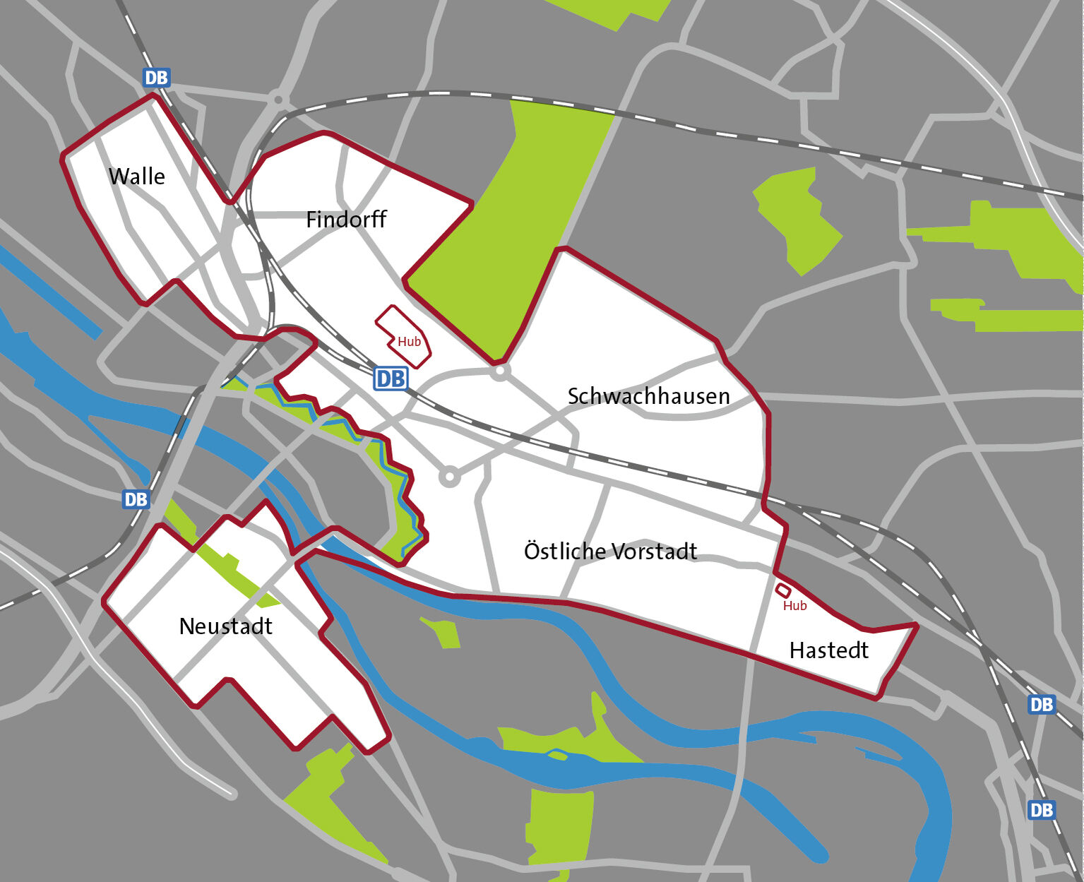 Karte des Bereiches in dem smumo, der Free-Floating-Dienst von cambio CarSharing, in Bremen abgestellt werden Darf.  