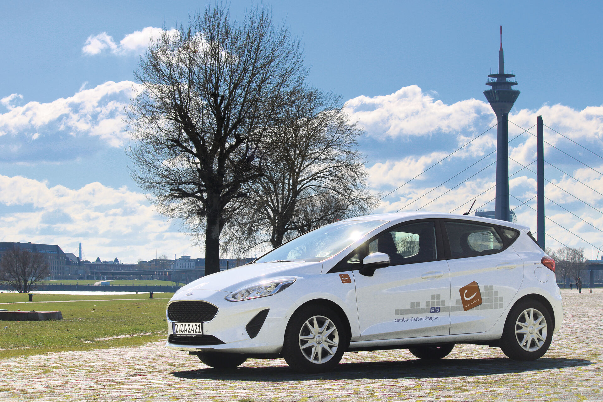 Ein weißes Auto im Vordergrund. Im Hintergrund ein Baum und ein Fernsehturm