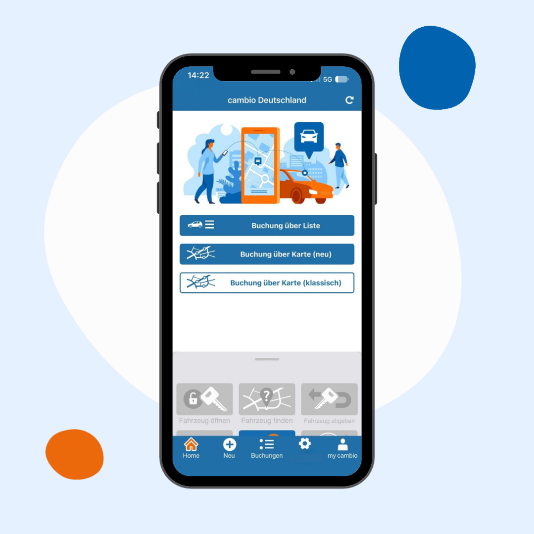 Blauer Hintergrund, darauf ein Smartphone, dass die cambio-App zeigt. 