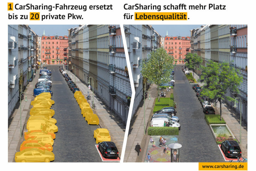 Zwei Bilder: Auf einem eine Straße mit vielen geparkten Autos. Auf dem anderen gibt es statt Autos Bäume und Sitzgelegenheiten